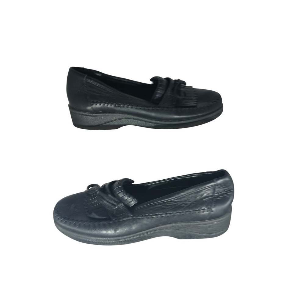 Dexter Comfort Loafers 8.5 M Black Leather Kiltie Fringe Bow Low Wedge Shoes
